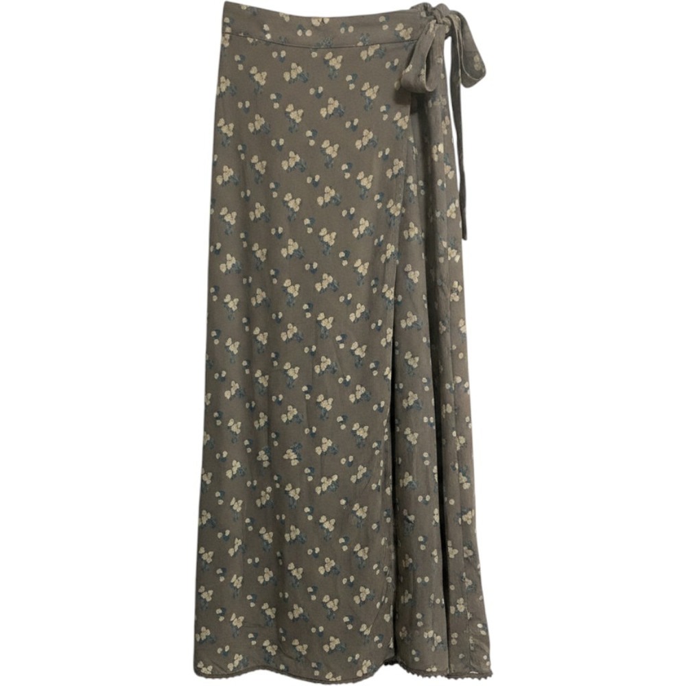 Natural Life Wrap Skirt Large Floral Maxi Pom Pom Trim Boho Cottagecore Earthy